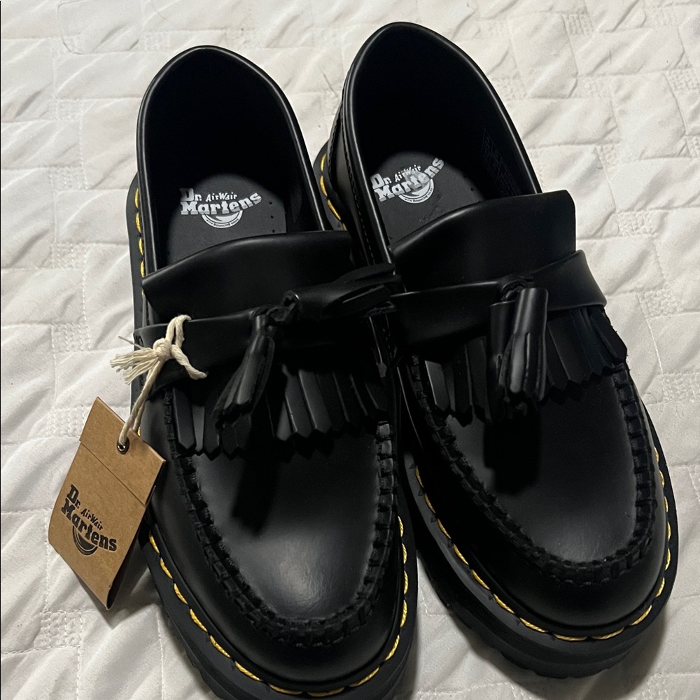 Dr. Martens Black Platform Loafers with Yellow Stitching